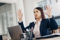 Office, invisible screen and hands of woman with vr, hologram and virtual tech for programming technology. Futuristic