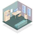 3D picture with office with a table, a sofa, a cupboard and two windows