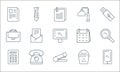 Office items line icons. linear set. quality vector line set such as telephone, stapler, calculator, trash bin, telephone,