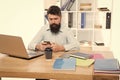Office job. Freelance job. IT developer. Modern occupation. Guy bearded man brutal web developer. Social media marketing