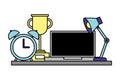 Office lamp computer trophy and clock Royalty Free Stock Photo