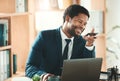 Office, laptop and black man on phone call at desk with smile, crm and b2b communication at advisory startup. Business Royalty Free Stock Photo