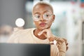 Office, laptop and black woman with glasses, thinking or reading email, online research or report. Computer Royalty Free Stock Photo