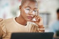 Office, laptop and black woman, serious and reading email or online research report, with glasses. Computer Royalty Free Stock Photo