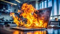 Office Laptop Fire A CloseUp Panoramic View of the Devastating Incident Captured in a Dramatic WideAngle Shot Royalty Free Stock Photo