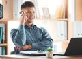 Office, laptop and man on phone call at desk with smile, crm and b2b communication at advisory startup. Business manager Royalty Free Stock Photo