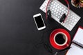 Office leather desk with pc, smartphone and coffee cup