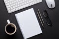 Office leather desk table with notepad, pc and coffee