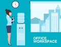 Office life banner with woman near water cooler Royalty Free Stock Photo