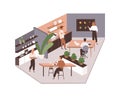 Office life with employees at kitchen and work area. People at meeting and dining tables in company, agency interior