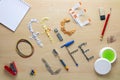 Office life iscription on a wooden desk laid out of office stationery. Office clerk's weekdays.