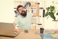 Office life makes him crazy. Businessman with beard and mustache gone mad with hammer in a hand. Frustrated office Royalty Free Stock Photo