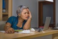 Office lifestyle portrait of sad and depressed middle aged attractive Asian woman working on laptop computer desk stressed and Royalty Free Stock Photo
