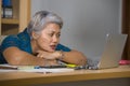 Office lifestyle portrait of sad and depressed middle aged attractive Asian woman working on laptop computer desk stressed and Royalty Free Stock Photo