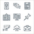 office line icons. linear set. quality vector line set such as briefcase, cloud, cctv, push pin, computer, corkboard, calculator,