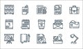 office line icons. linear set. quality vector line set such as lamp, stamp, presentation, desktop, agenda, dossier, newsletter,