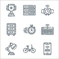 office line icons. linear set. quality vector line set such as wifi, bicycle, lamp, keyboard, stopwatch, cabinet, smartwatch,