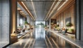 office lobby with a contemporary design. The predominant materials are concrete and wood, AI Generated Royalty Free Stock Photo