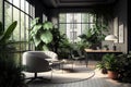 office with lush greenery and natural light, setting the scene for a relaxing working environment