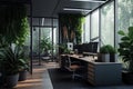 office with lush greenery and natural light, setting the scene for a relaxing working environment