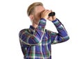 Office man acting funny looking through binocular distance