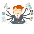 Office man with eight hands meditating in the middle of busy workday Royalty Free Stock Photo