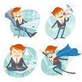 Office man hipster set: flying super man wearing blue mackintosh Royalty Free Stock Photo