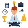 Office man meditating in the middle of busy work. Flat vector illustration