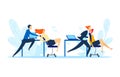 Office man person ride on chair, vector illustration. Business happy people fun relaxation at workplace, cheerful