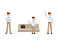 Office man sitting on sofa, crossed hands, waving cartoon character. Vector illustration of working staff.