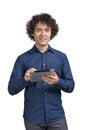 Office man with tablet in hands, smiling isolated over white bac Royalty Free Stock Photo