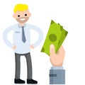Office man worker in suit and tie. Big hand with green money salaries. successful businessman Royalty Free Stock Photo