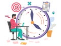 Office man working on laptop. Clock, target, checklist, vector illustration. Time management, schedule, task planning.