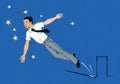 Office manager flying to the stars after a pole vault. Illustration on tinted craft paper