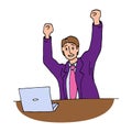 Rejoicing office worker, manager in a suit near a laptop.