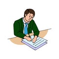 Office worker, manager in a suit filling out paperwork. Stylized man in a suit