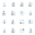 Office manager linear icons set. Organization, Leadership, Multitasking, Communication, Efficiency, Resourcefulness