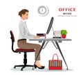 Office manager: woman sitting on chair, working and looking at computer screen. Businesswoman working. Vector illustration.