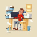 Office manager work routine vector illustration of tired frustrated man with documents, computer and coffee