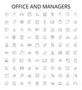 Office and managers outline icons collection. Office, Managers, Supplies, Employees, Documents, Organization, Technology