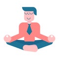 Office meditation. Businessman sitting in yoga lotus pose, relax and hovering in the air. Vector cartoon flat character