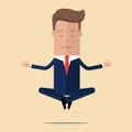Office meditation. Businessman sitting in yoga lotus pose, relax and hovering in the air. Vector illustration
