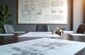 Office meeting room with architectural blueprints spread across table. Building plans, drafts displayed on whiteboard. Concept Royalty Free Stock Photo