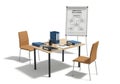 Office meeting setup with chairs table and flip chart isolated on white background Royalty Free Stock Photo