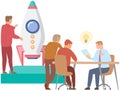 Office meeting, teamwork startup concept illustration. People building rocket and business Royalty Free Stock Photo