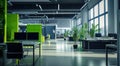 the office is modern and green with colorful efx