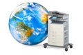 Office multifunction printer MFP with Earth Globe. 3D rendering Royalty Free Stock Photo