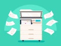 Office multifunction printer scanner. Copier with flying paper on background. Copy machine
