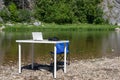 office on nature. outdoor workplace. computer, phone and table. Remote work and earning online