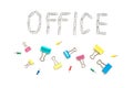 Office object. The word office, faded on a white background with metal stationery clips Royalty Free Stock Photo